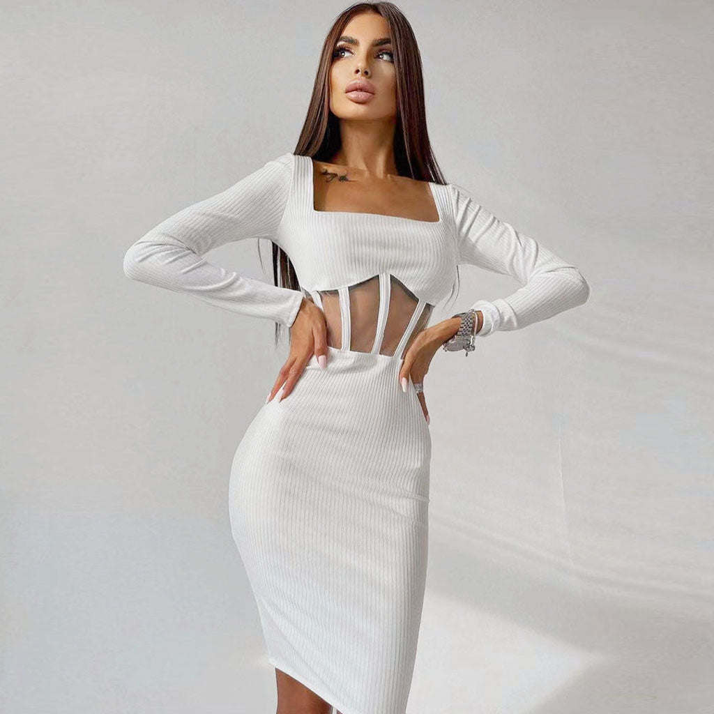 White Square Neck Long Sleeve Ribbed Mesh Panel Corset Bodycon Midi Dress