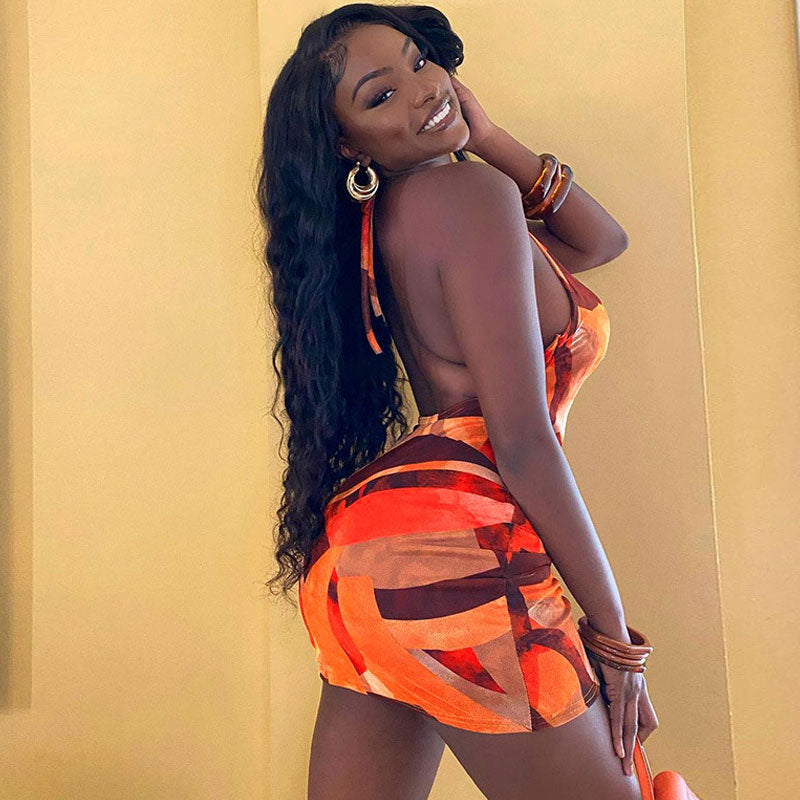 Orange Halter Cowl Neck Abstract Print Backless Ruched Bodycon Mini Dress