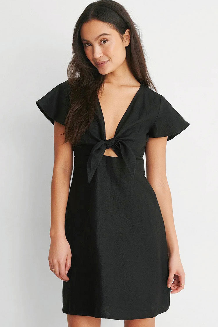 Black V-Neck Bow Tie Front Flutter Sleeve Cutout A-Line Mini Dress