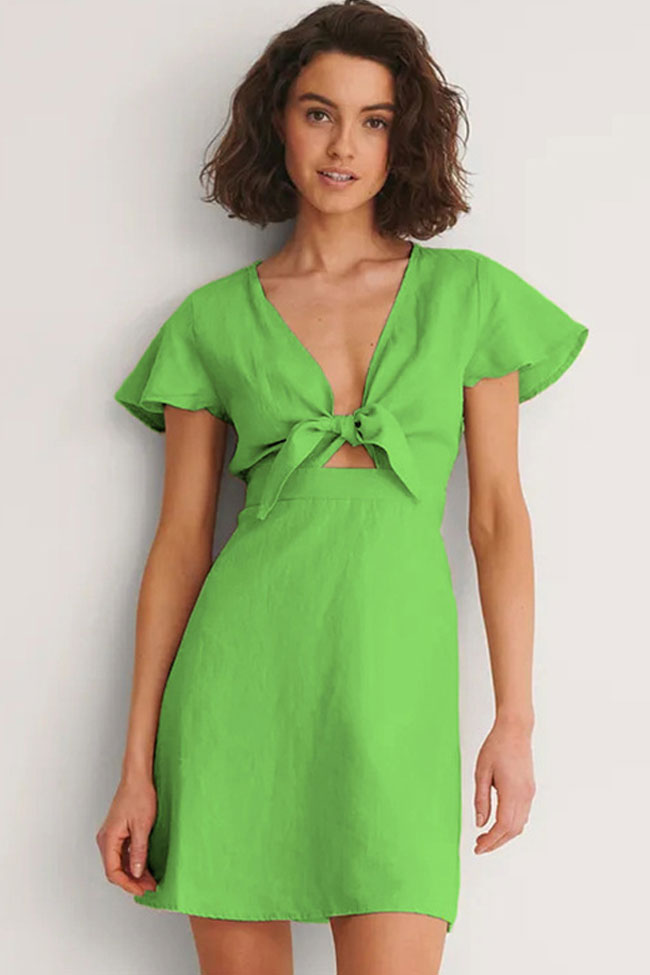 Green V-Neck Bow Tie Front Flutter Sleeve Cutout A-Line Mini Dress