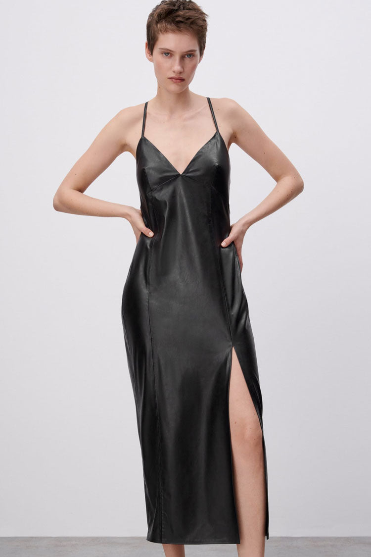 Black V-Neck Spaghetti Strap Faux Leather High Slit Slip Midi Dress