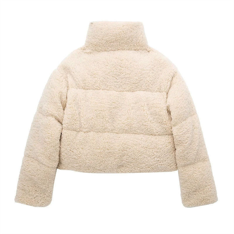 Beige Stand Collar Long Sleeve Zip Front Teddy Fleece Cropped Coat