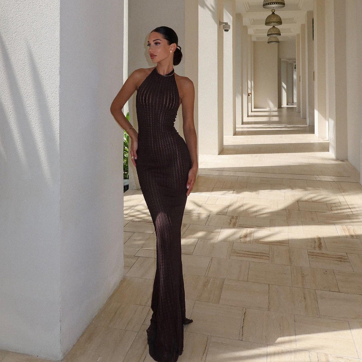 Brown Halter Neck Ribbed Knit Open Back Mermaid Maxi Dress 5