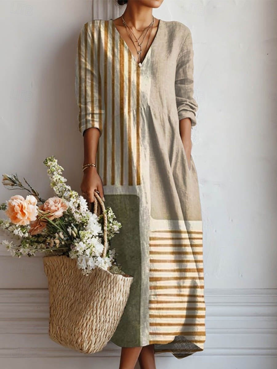 Multicolor V-Neck Metallic Stripe Colorblock Pocket Shift Midi Dress