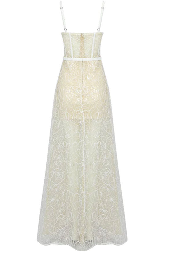 White Strapless Lace Corset Sheer Overlay High-Low Maxi Dress