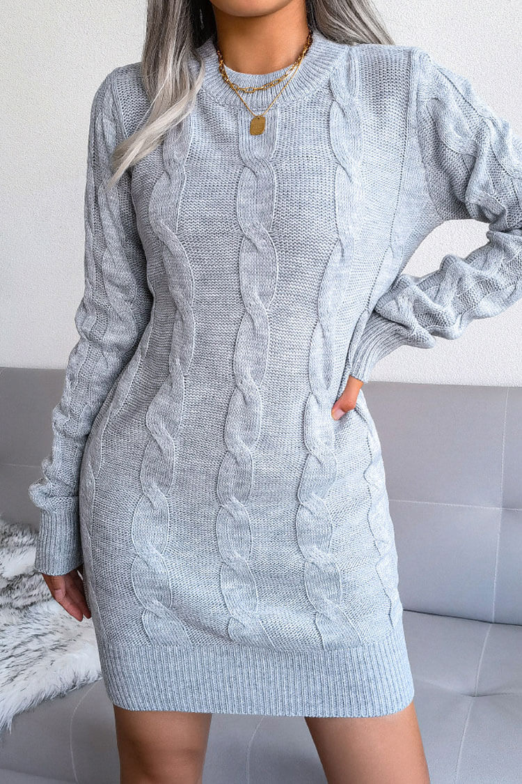 Gray Round Neck Long Sleeve Cable Knit Sweater Mini Dress