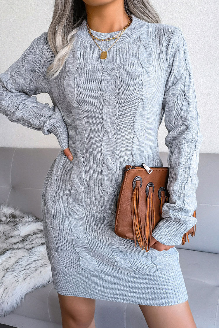 Gray Round Neck Long Sleeve Cable Knit Sweater Mini Dress