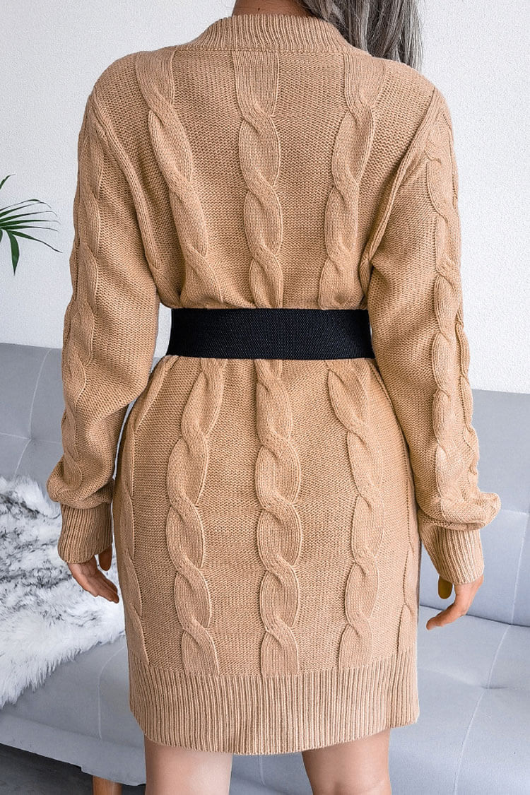 Khaki Round Neck Long Sleeve Cable Knit Sweater Mini Dress