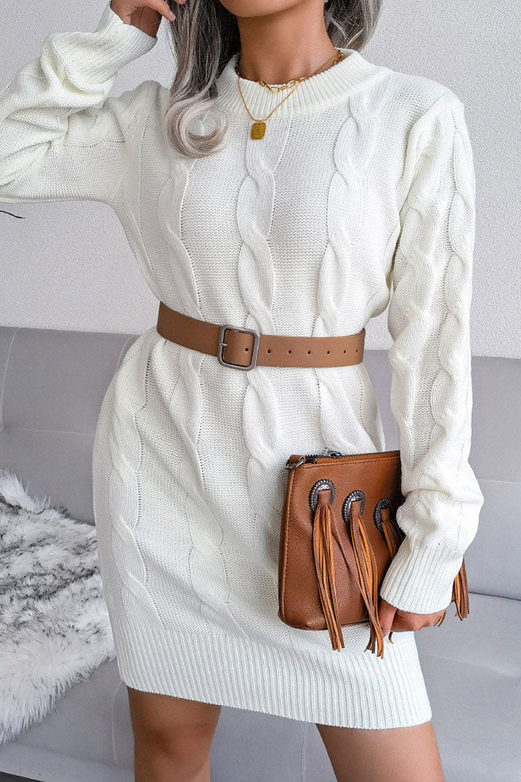 White Round Neck Long Sleeve Cable Knit Pullover Sweater Mini Dress
