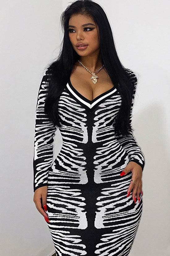 Black V-Neck Long Sleeve Zebra Print Ribbed Knit Bodycon Midi Dress