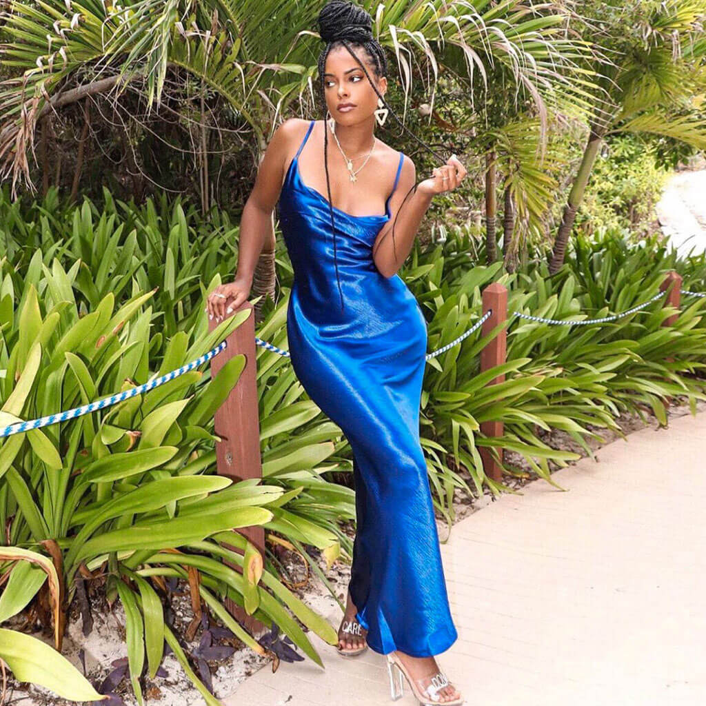 Blue Cowl Neck Spaghetti Strap Satin Backless Slip Maxi Dress