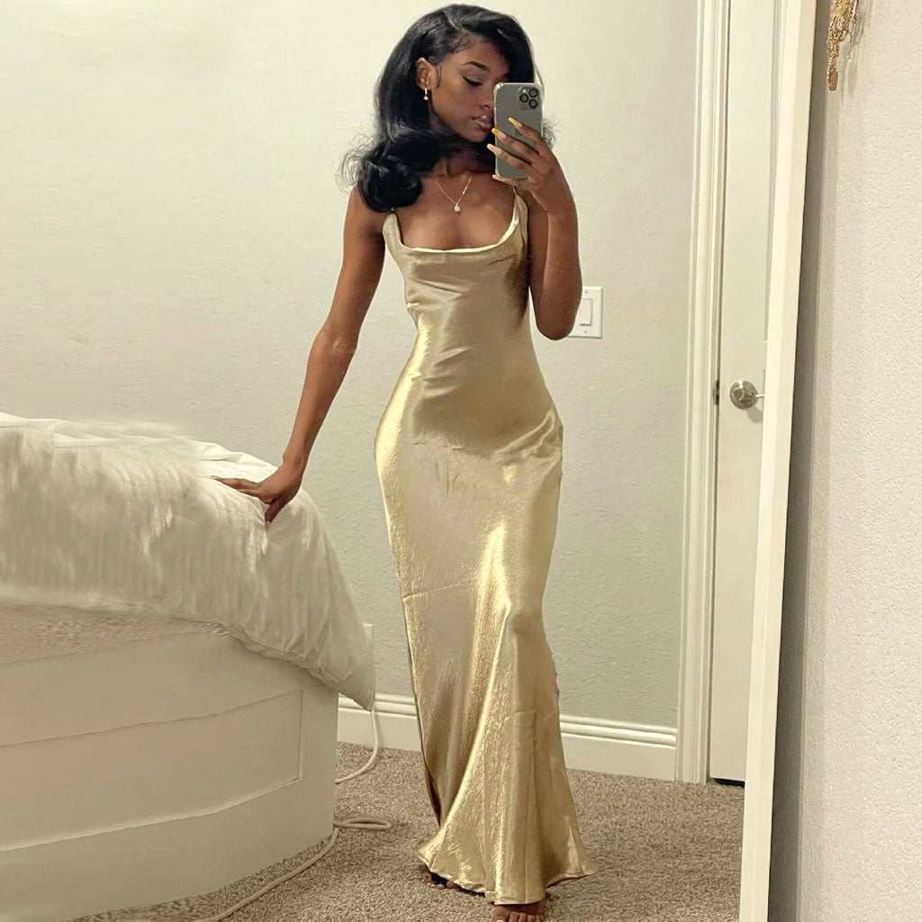 Champane Cowl Neck Spaghetti Strap Satin Backless Slip Maxi Dress