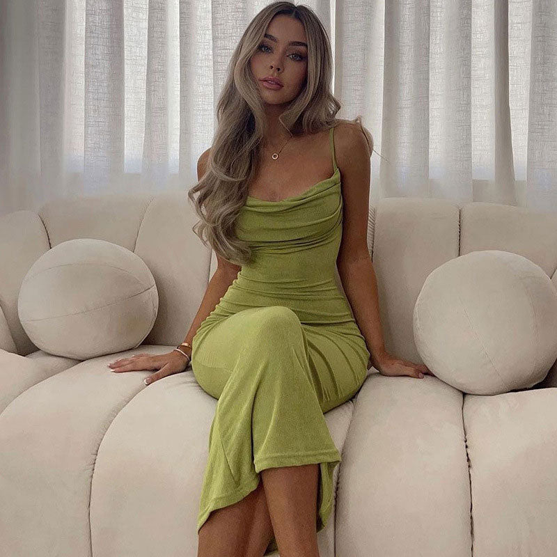 Green Cowl Neck Spaghetti Strap Slip Bodycon Maxi Dress