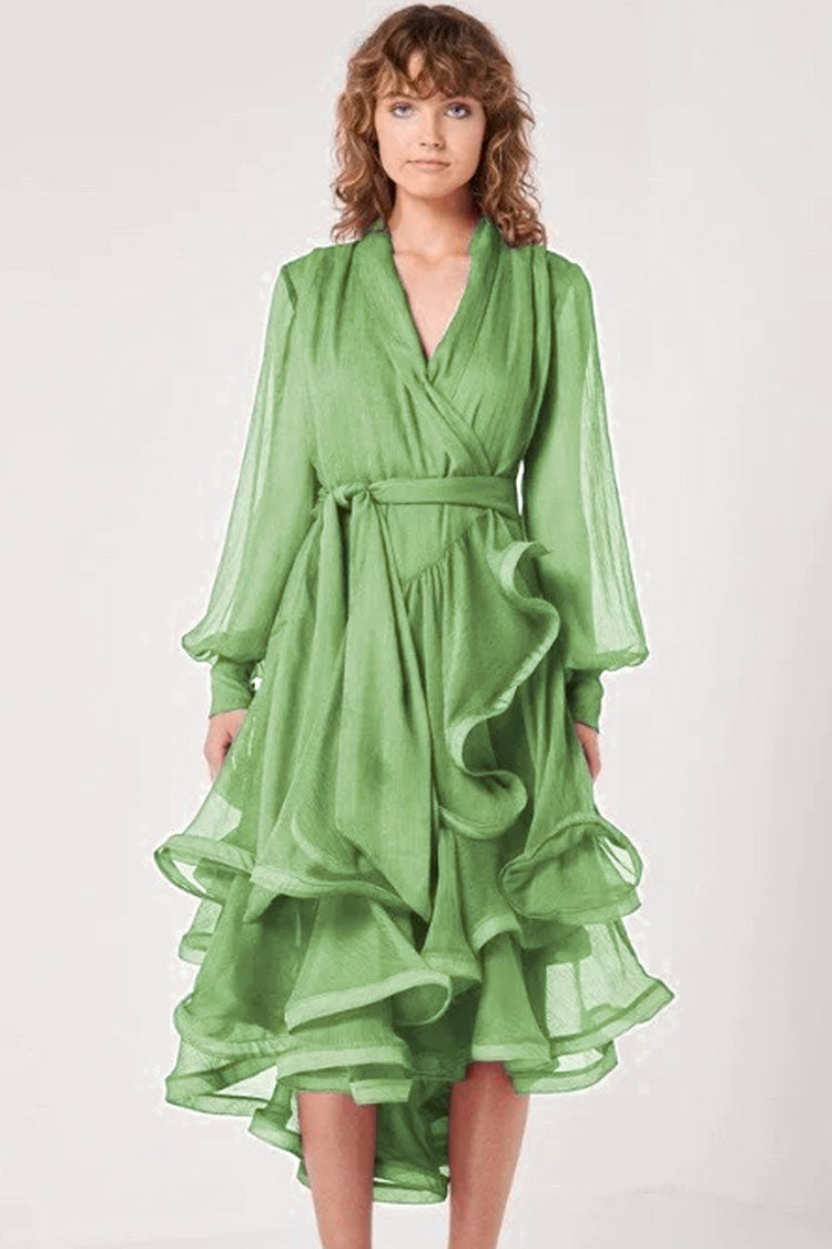 Grass Green V-Neck Long Sleeve Tie Waist Tiered Ruffle Wrap Midi Dress