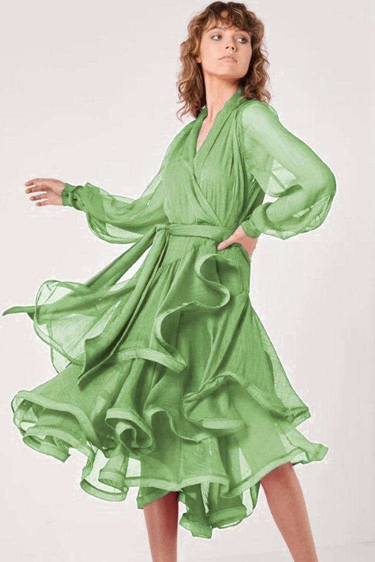 Grass Green V-Neck Long Sleeve Tie Waist Tiered Ruffle Wrap Midi Dress