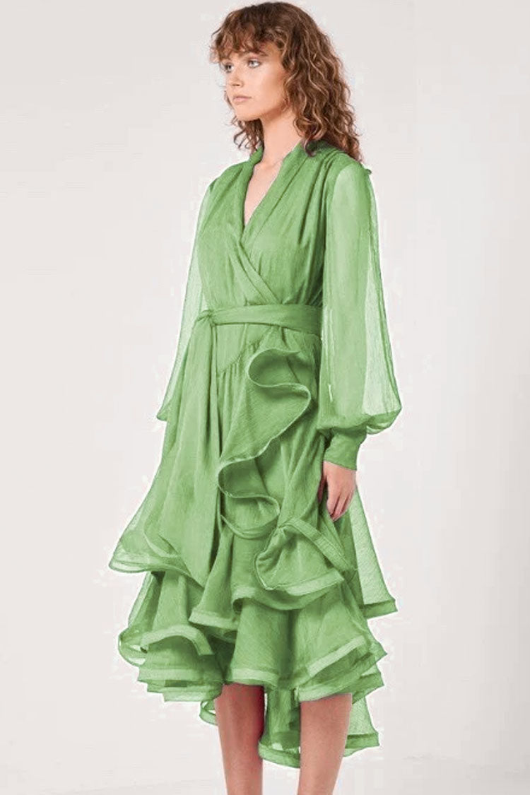 Grass Green V-Neck Long Sleeve Tie Waist Tiered Ruffle Wrap Midi Dress