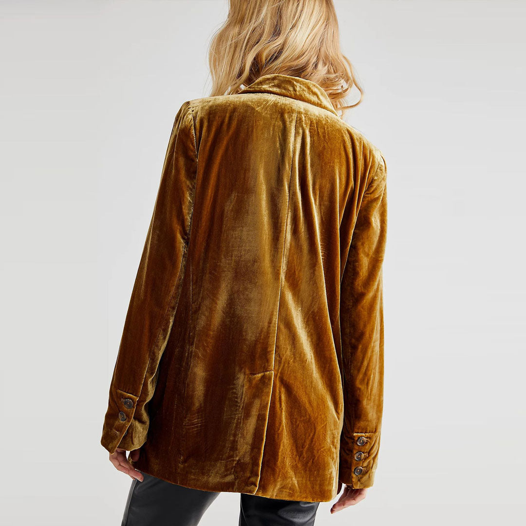 Gold Velvet Lapel Collar Double Breasted Long Sleeve Blazer