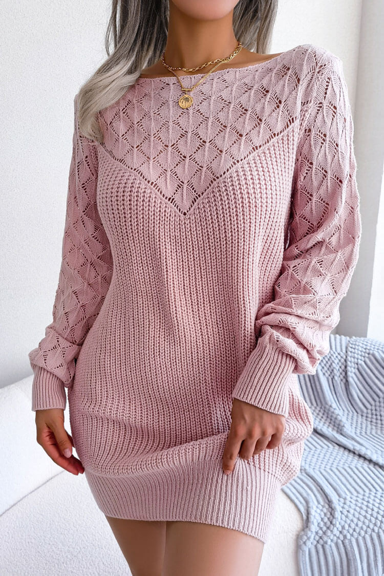 Pink Boat Neck Pointelle Crochet Knit Long Sleeve Sweater Mini Dress