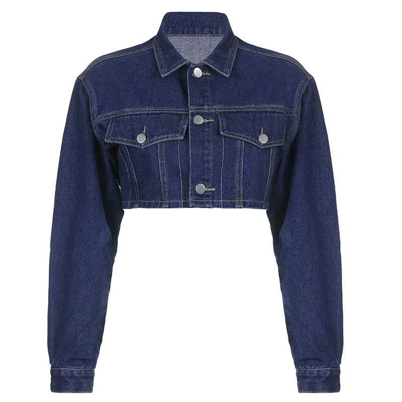 Blue Collared Long Sleeve Button Up Flap Pocket Cropped Denim Jacket