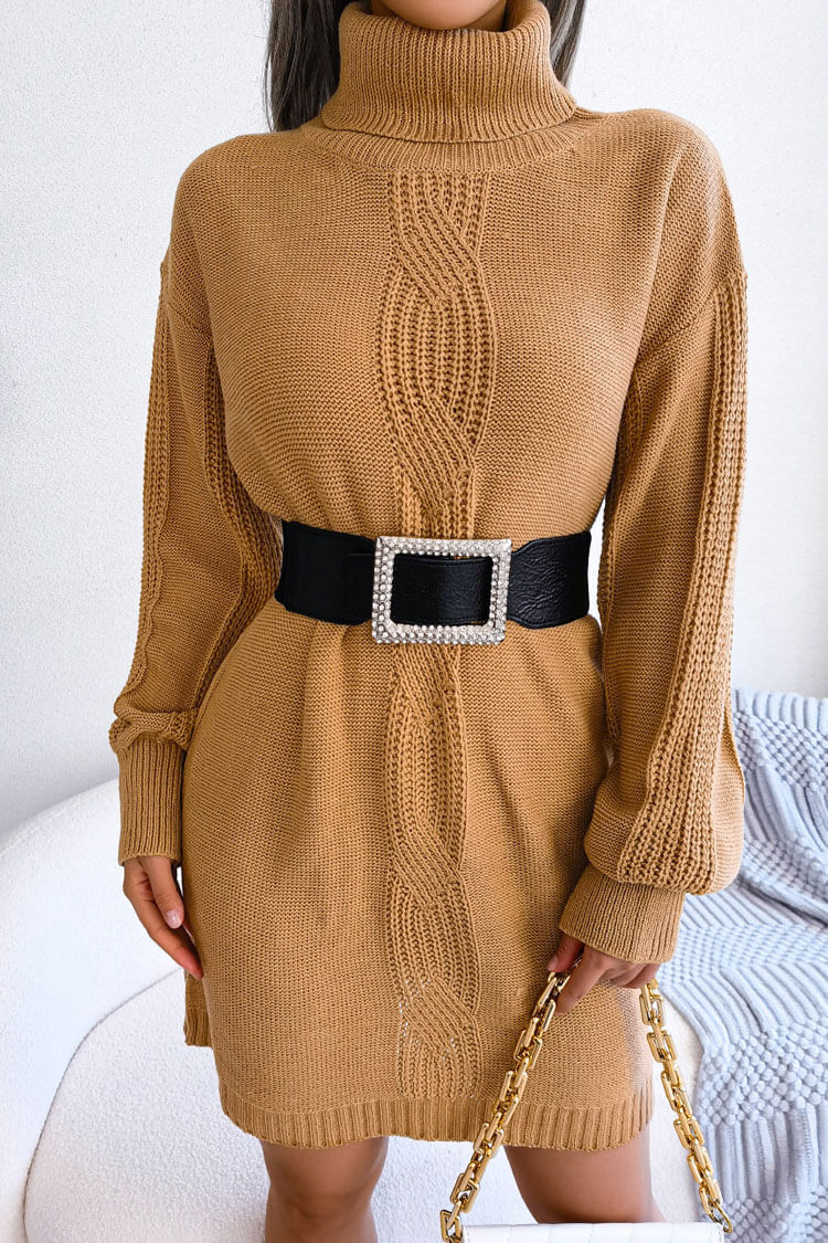 Khaki Turtleneck Long Sleeve Cable Knit Belted Sweater Mini Dress