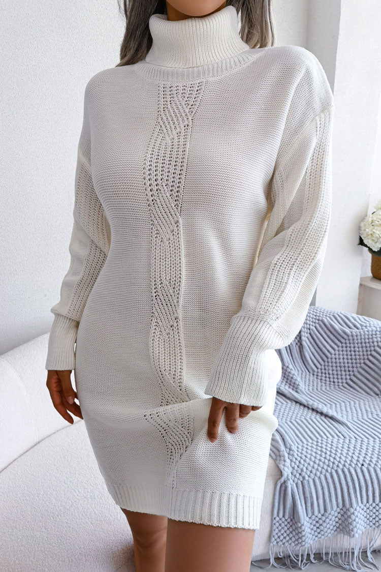 White Turtleneck Long Sleeve Cable Knit Sweater Mini Dress