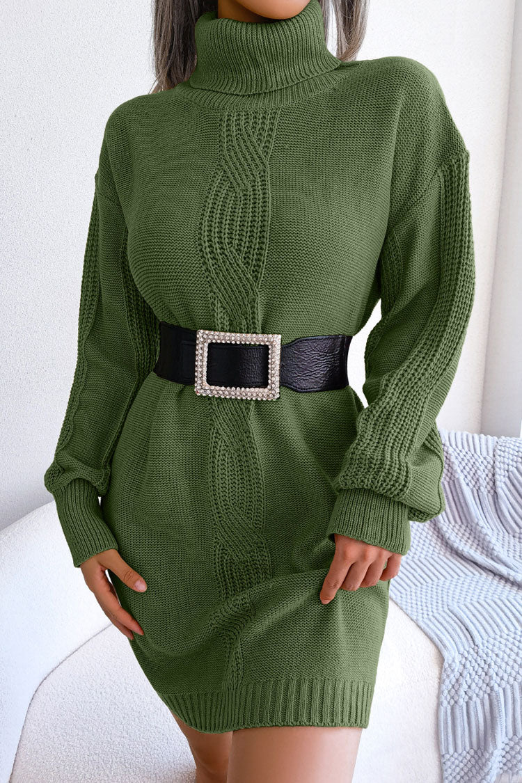 Army Green Turtleneck Long Sleeve Cable Knit Belted Sweater Mini Dress