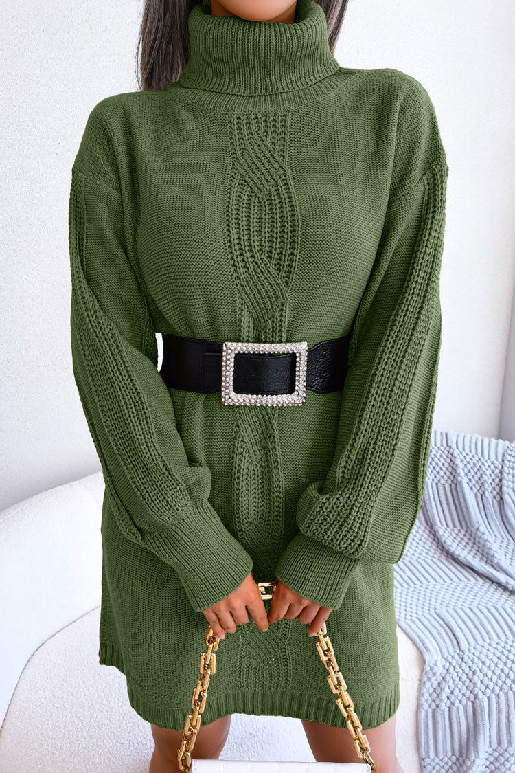 Army Green Turtleneck Long Sleeve Cable Knit Belted Sweater Mini Dress