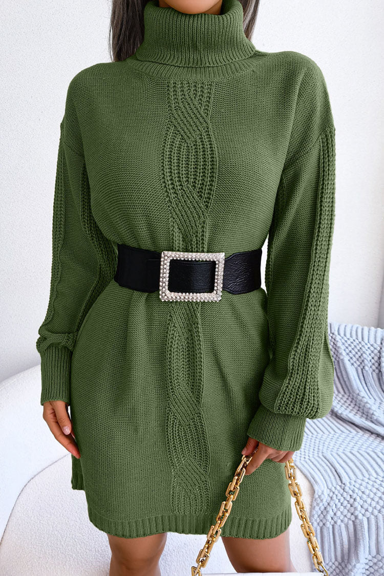 Army Green Turtleneck Long Sleeve Cable Knit Belted Sweater Mini Dress