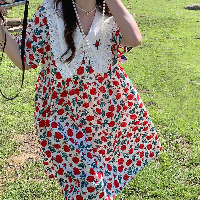 Floral Print Oversized Lace Collar Empire Waist Midi Dress 2