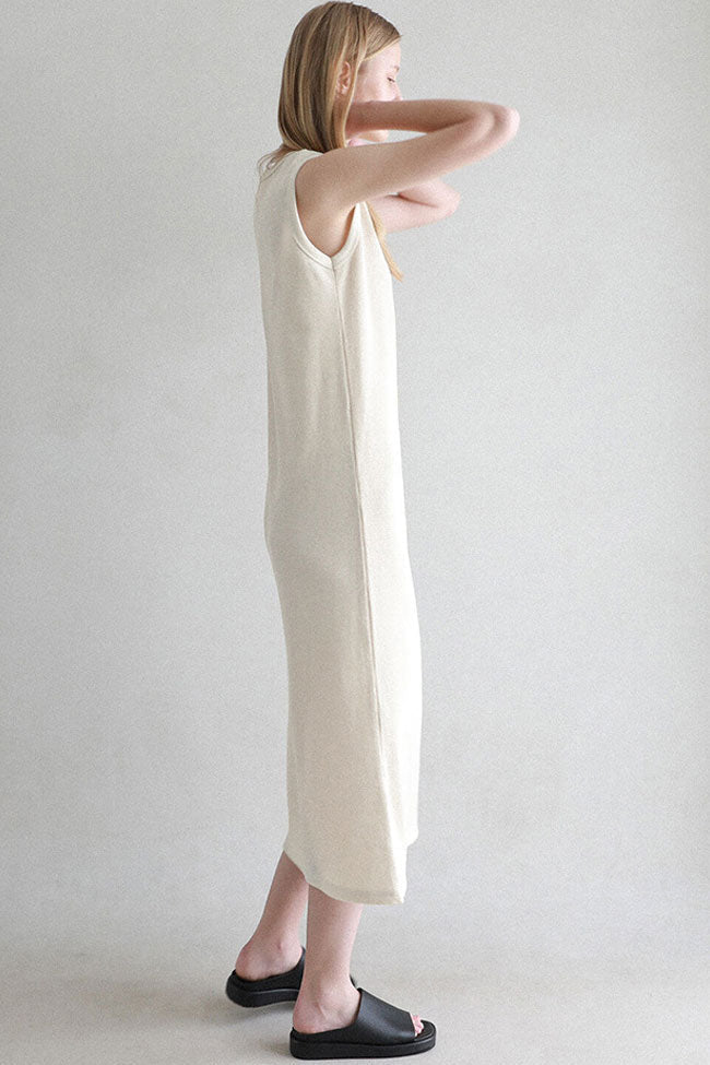 Off White Crew Neck Sleeveless Textured Rib Knit Straight Midi Dress