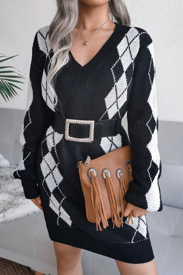 Black V-Neck Argyle Rib Knit Long Sleeve Sweater Mini Dress