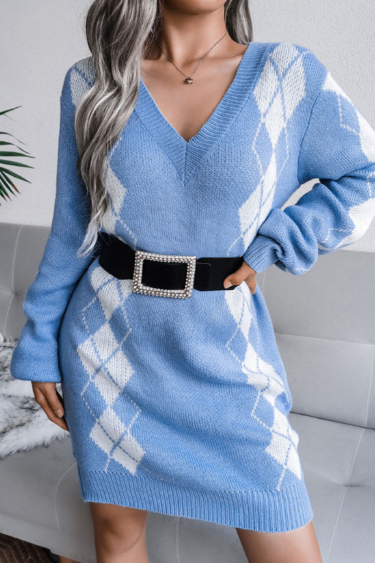 Sky Blue V-Neck Argyle Rib Knit Long Sleeve Sweater Mini Dress
