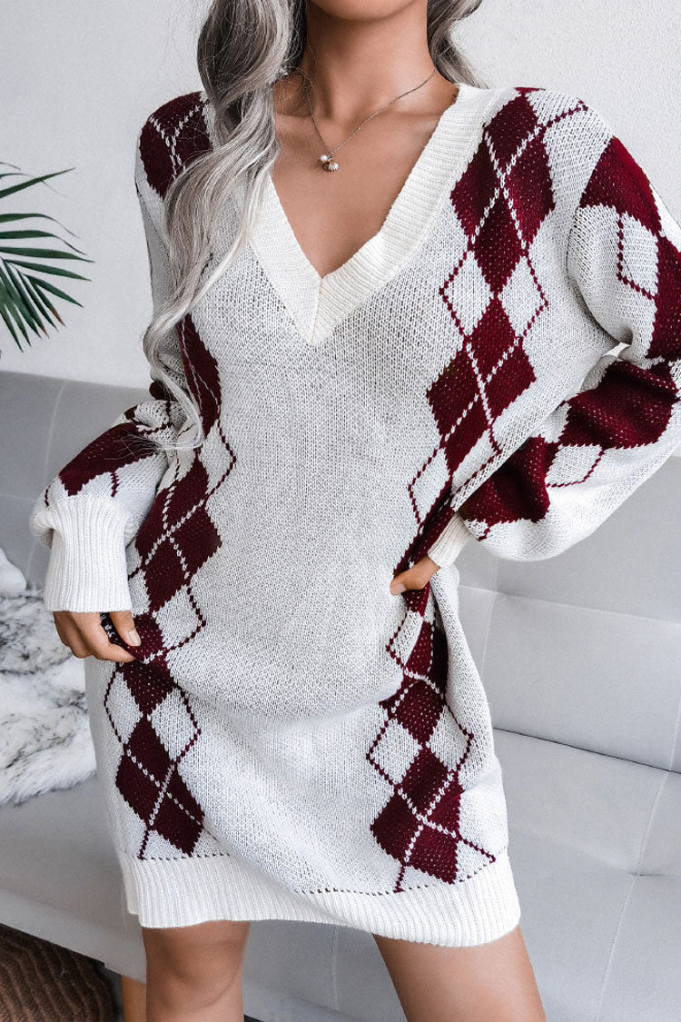 Wine Red V-Neck Argyle Rib Knit Long Sleeve Sweater Mini Dress