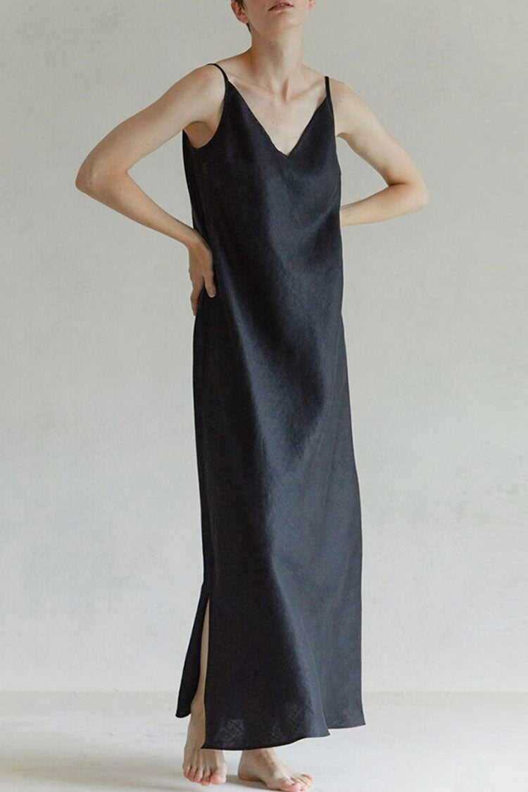 Black V-Neck Spaghetti Strap Linen Slip Maxi Dress