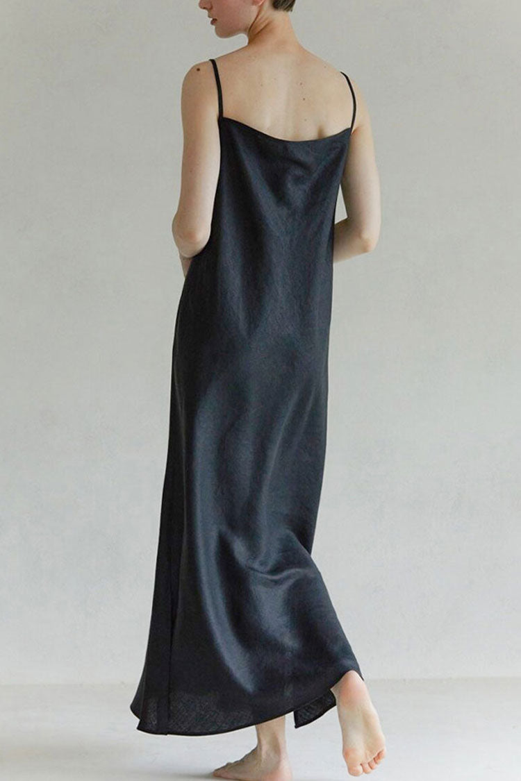 Black V-Neck Spaghetti Strap Linen Slip Maxi Dress