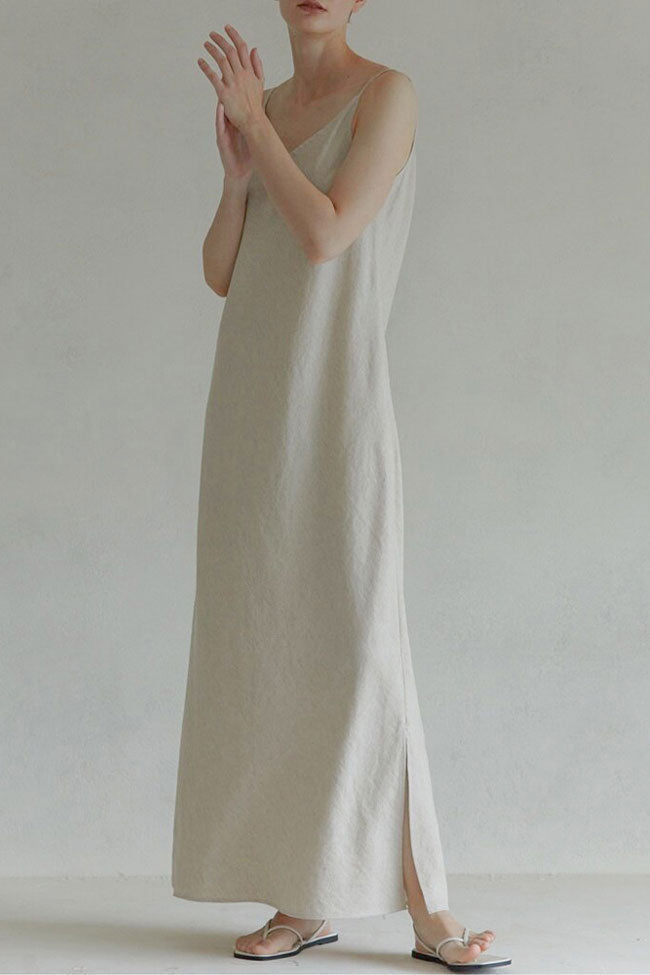 Oatmeal V-Neck Spaghetti Strap Linen Slip Maxi Dress