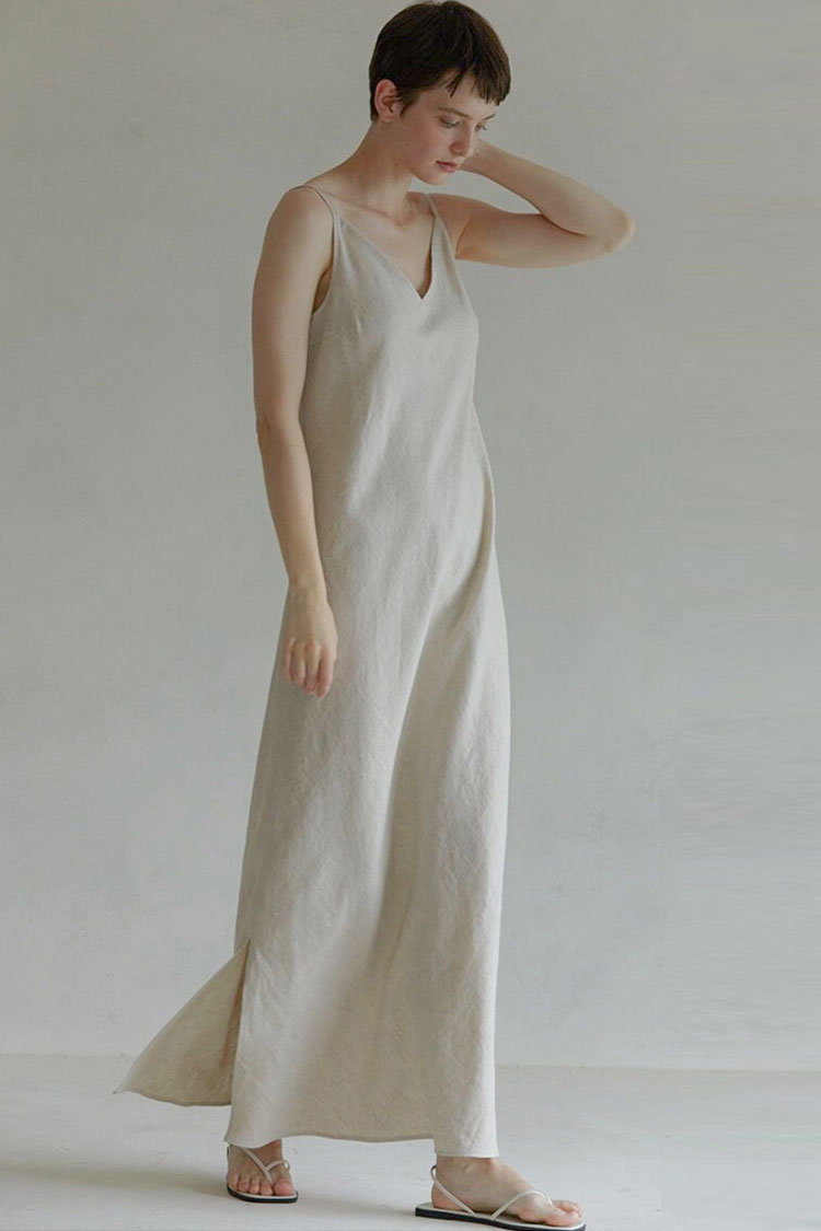 Oatmeal V-Neck Spaghetti Strap Linen Slip Maxi Dress