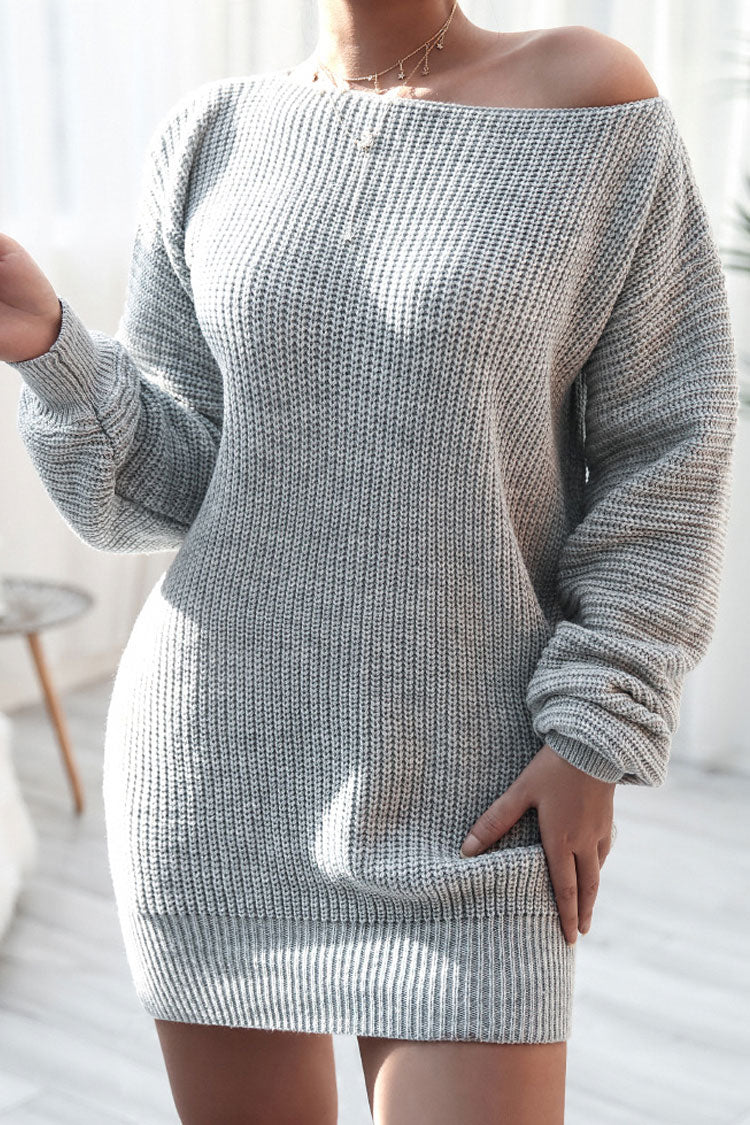 Gray Boat Neck Ribbed Knit Long Sleeve Sweater Mini Dress