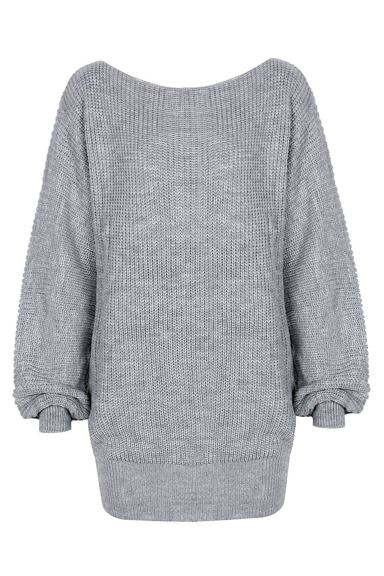 Gray Boat Neck Ribbed Knit Long Sleeve Sweater Mini Dress