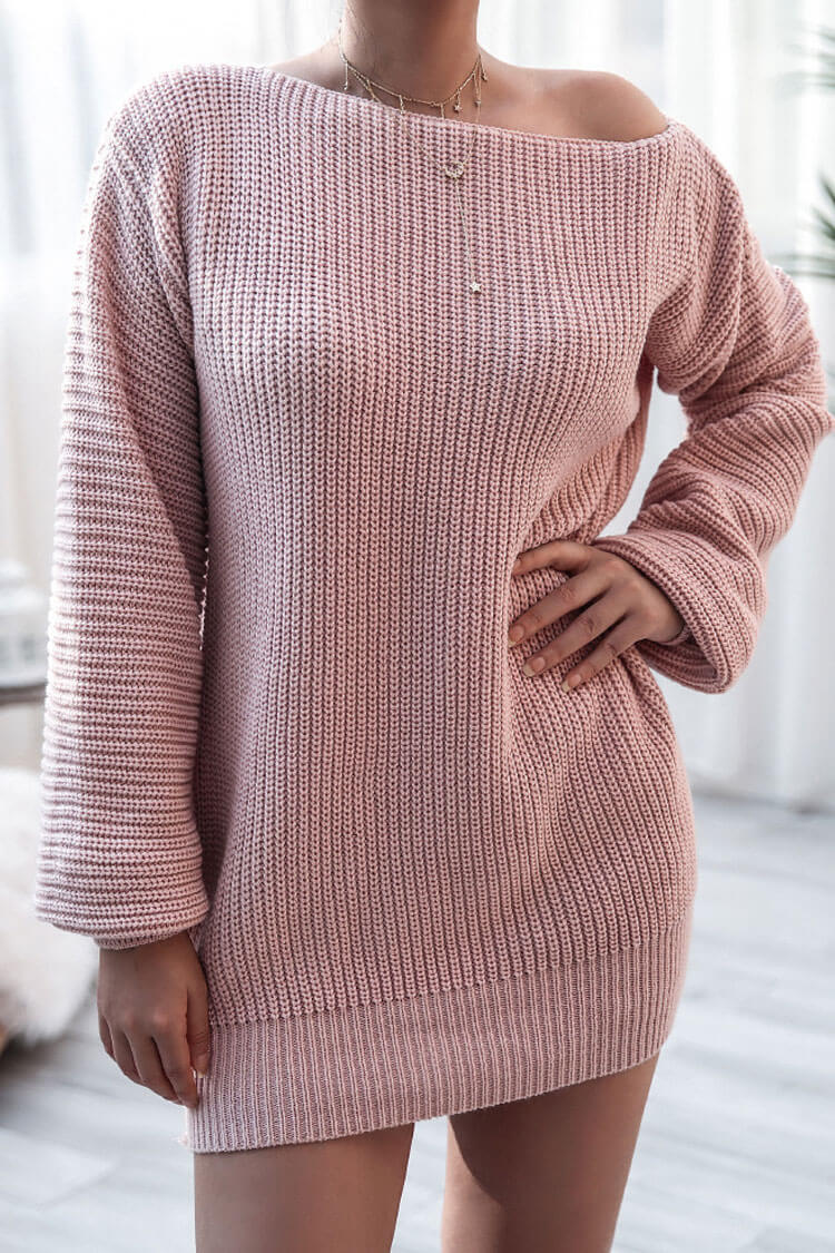 Pink Boat Neck Ribbed Knit Long Sleeve Sweater Mini Dress