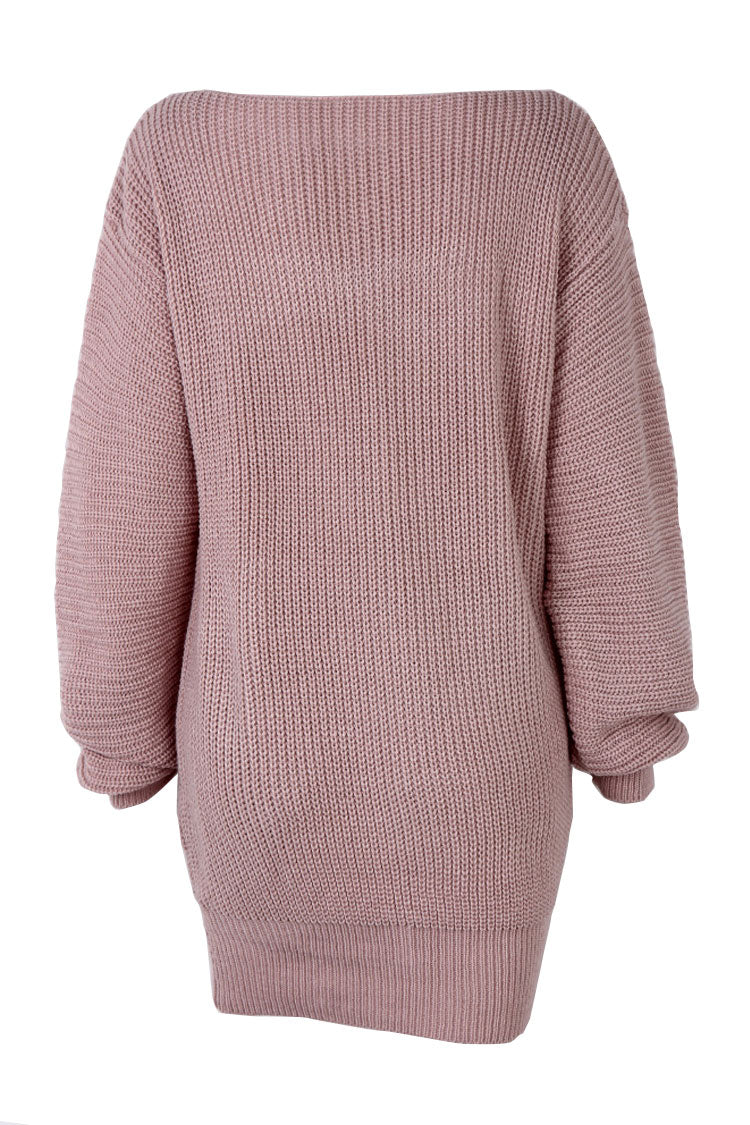 Pink Boat Neck Ribbed Knit Long Sleeve Sweater Mini Dress