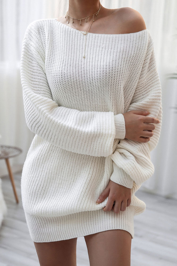 White Boat Neck Ribbed Knit Long Sleeve Sweater Mini Dress