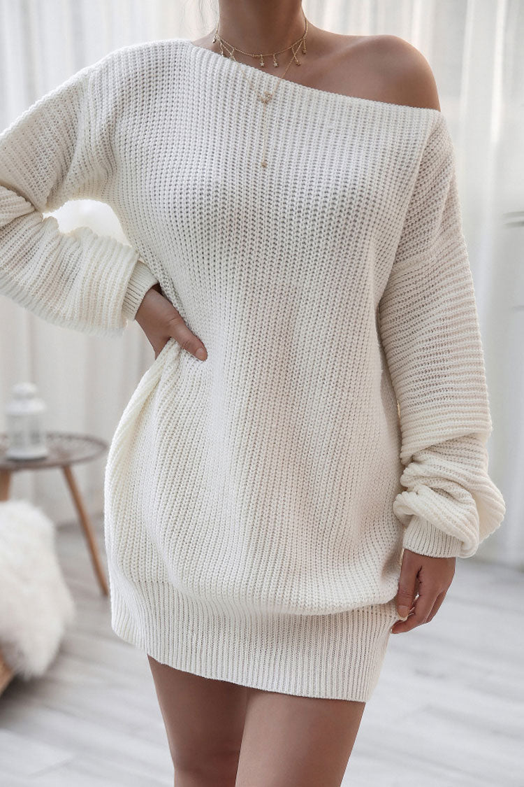 White Boat Neck Ribbed Knit Long Sleeve Sweater Mini Dress