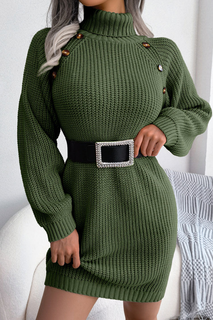 Army Green Turtleneck Button Trim Ribbed Knit Long Sleeve Sweater Mini Dress 3