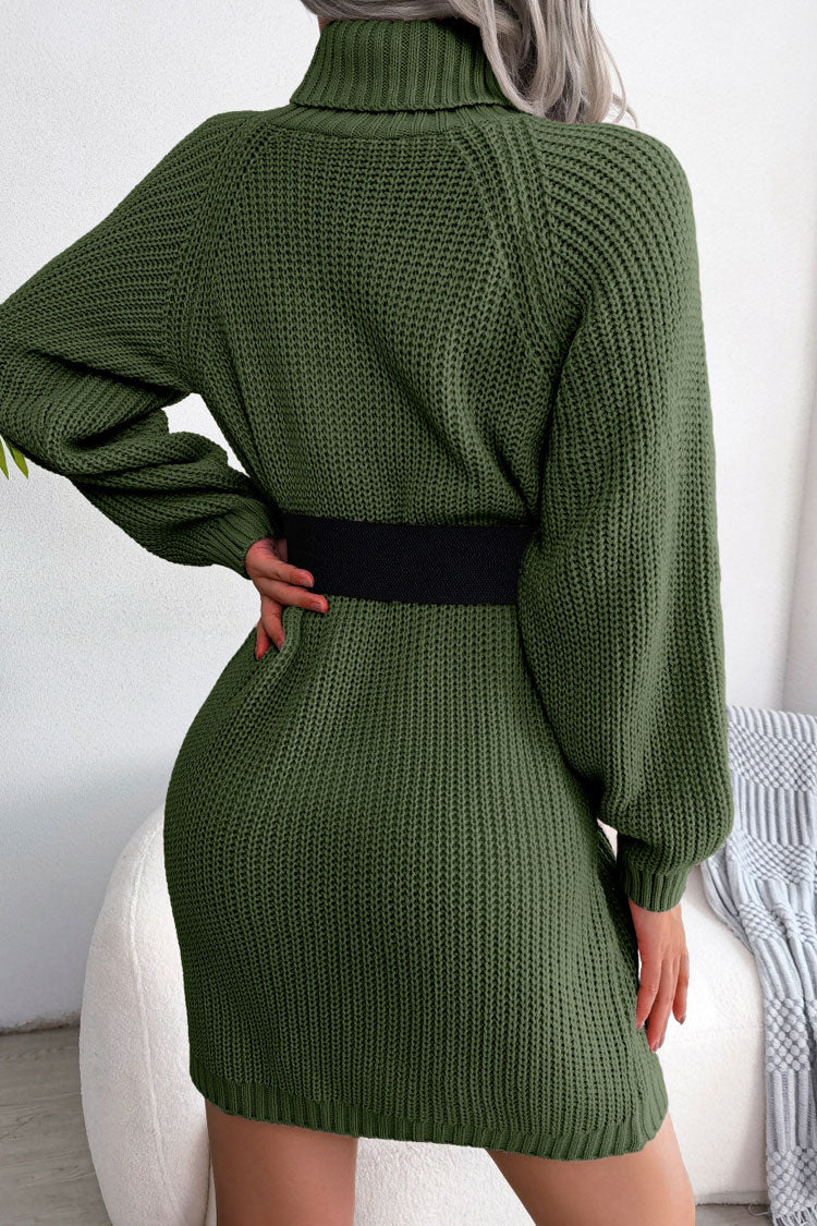 Army Green Turtleneck Button Trim Ribbed Knit Long Sleeve Sweater Mini Dress 4