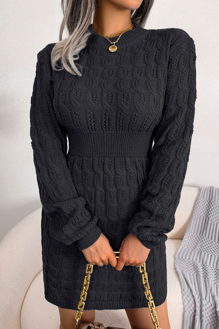 Black Crew Neck Long Sleeve Cable Knit Sweater Bodycon Mini Dress