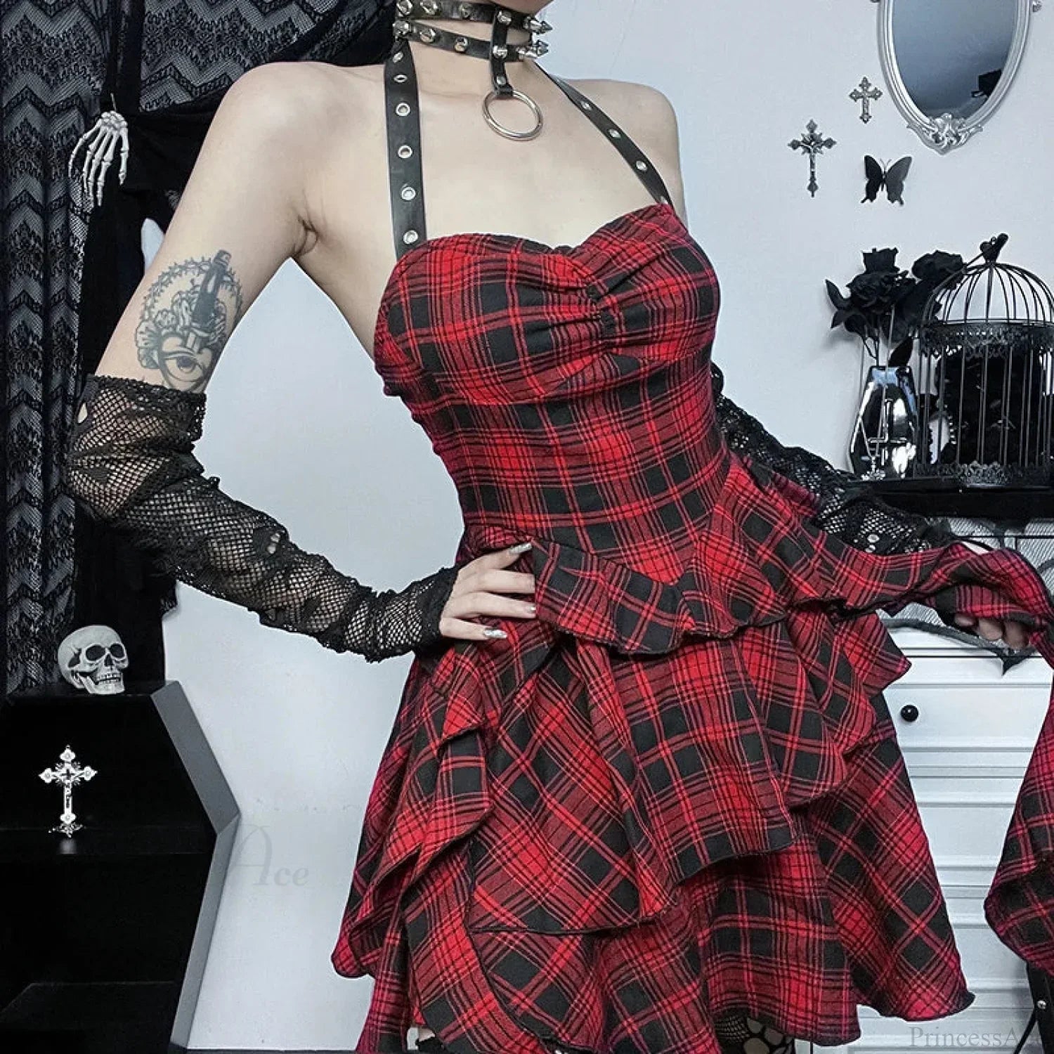 Crimson Tartan Halter Short Dress Red / S