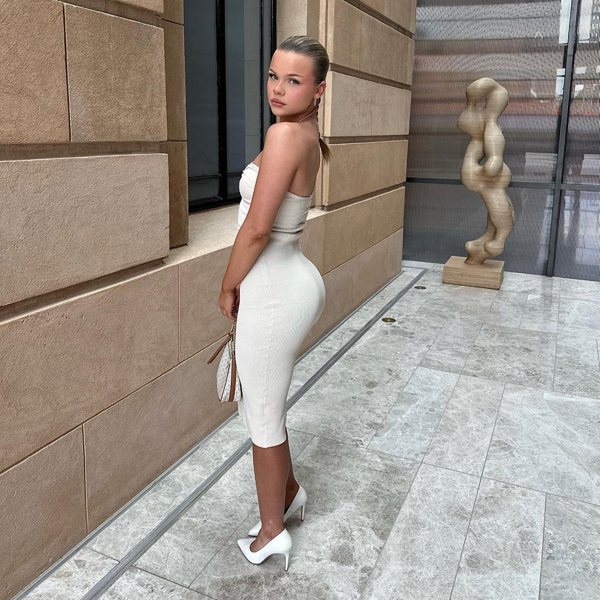 Beige Strapless Twist Knot Front Ribbed Knit Bodycon Maxi Dress 6