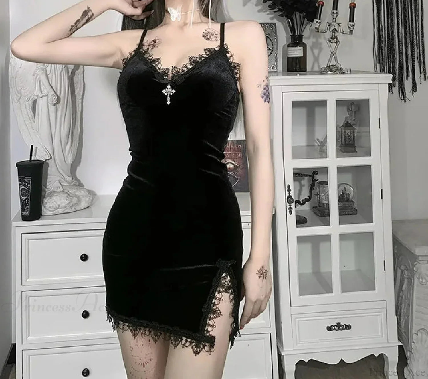 Cross Dark Opening Small Dress Black / S