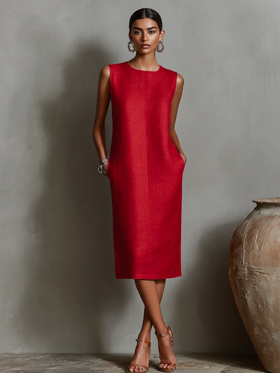 Round Neck Sleeveless Linen Pocket Straight Sheath Midi Dress